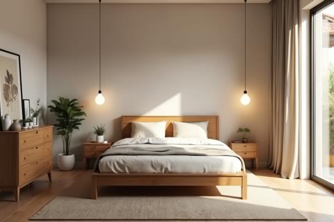 A fully furnished room with a comfy bed.