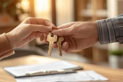 Picture of keys being handed over from one person to another.